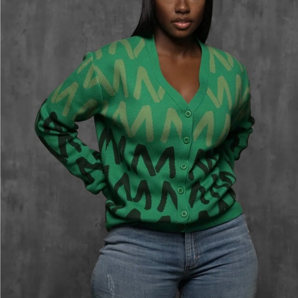 Milano Di Rouge Sweaters - Milano Di Rouge Vibrant Green Cardigan with Black Accents